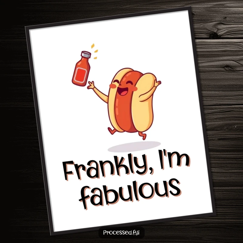 Funny hot dog digital art print of a wiener in a bun dancing and tossing a ketchup bottle, perfect for vibrant decor.