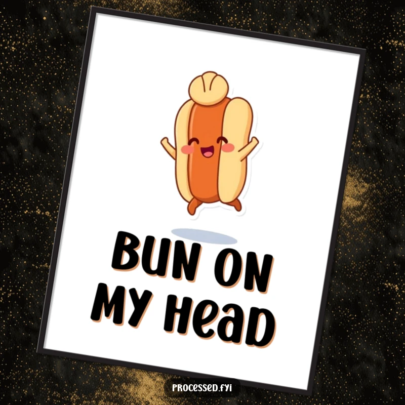 Funny digital art print of a smiling hot dog leaping with tiny legs and a bun hat, ready to spread joy.
