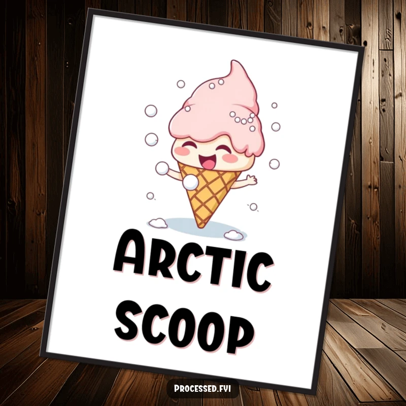 Funny, giggling ice cream cone character joyfully engaging in a snowball fight with its scoops, rendered as digital art.
