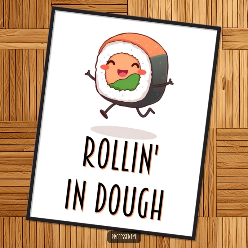 Funny leaping sushi roll digital art print of a smiling, anthropomorphic sushi roll with stick legs in an exciting, dynamic leap, ready to frame.