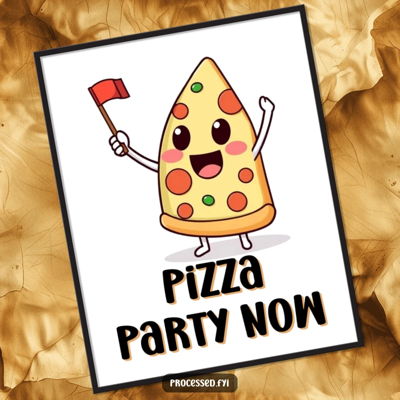 Funny digital art of a delighted anthropomorphic pizza slice joyfully waving a tiny flag, ideal for instant, cheerful wall decor.