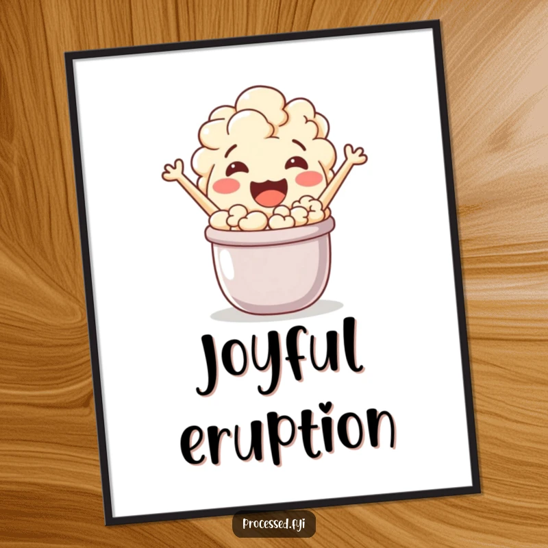 Funny, jovial popcorn character energetically popping from a small pot. A delightful digital artwork for immediate happiness.