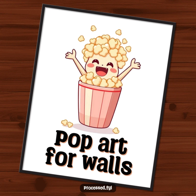 Funny Digital Art Print of a joyful popcorn bag leaping out of its container, capturing the fun of movie time snacks.