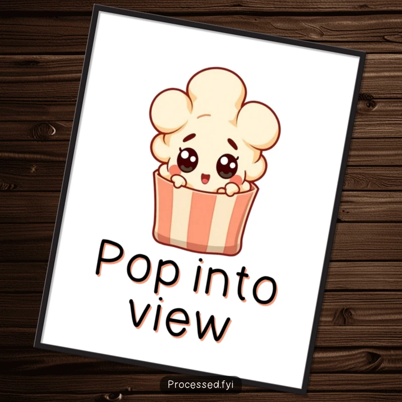 Funny popcorn kernel character popping out of a bag with wide surprised eyes, hilarious digital art for immediate download.