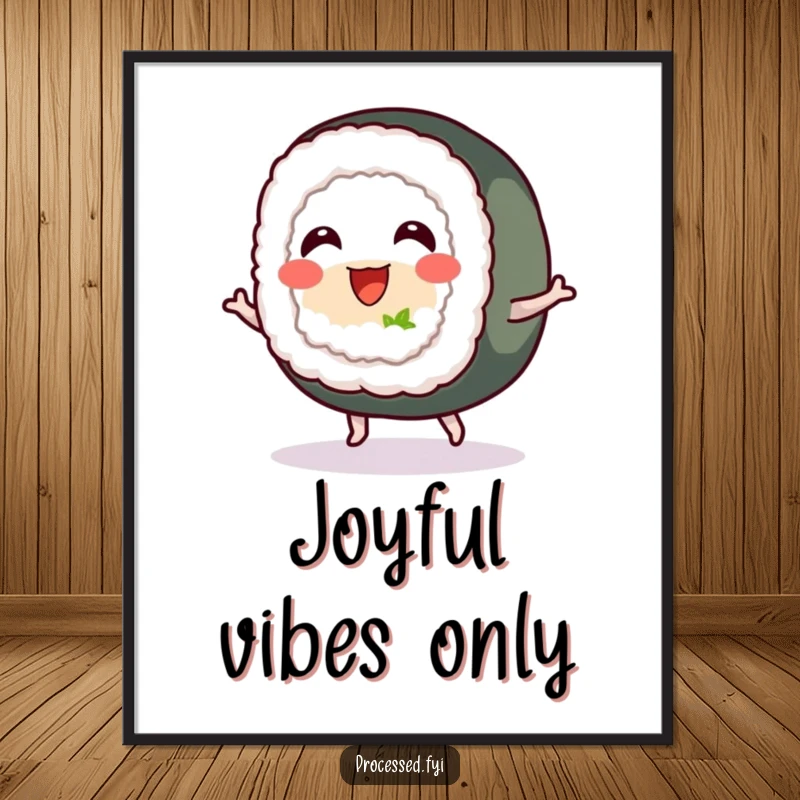 Funny digital art print of a cheerful sushi roll with tiny feet, bouncing with pure delight, ideal for instant wall decor.