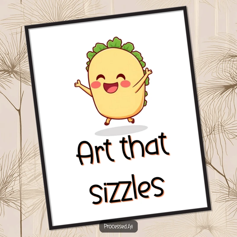 Funny anthropomorphic Taco Digital Art grinning and dancing with tiny legs, high-resolution print to instantly add joyful food humor and festive charm.