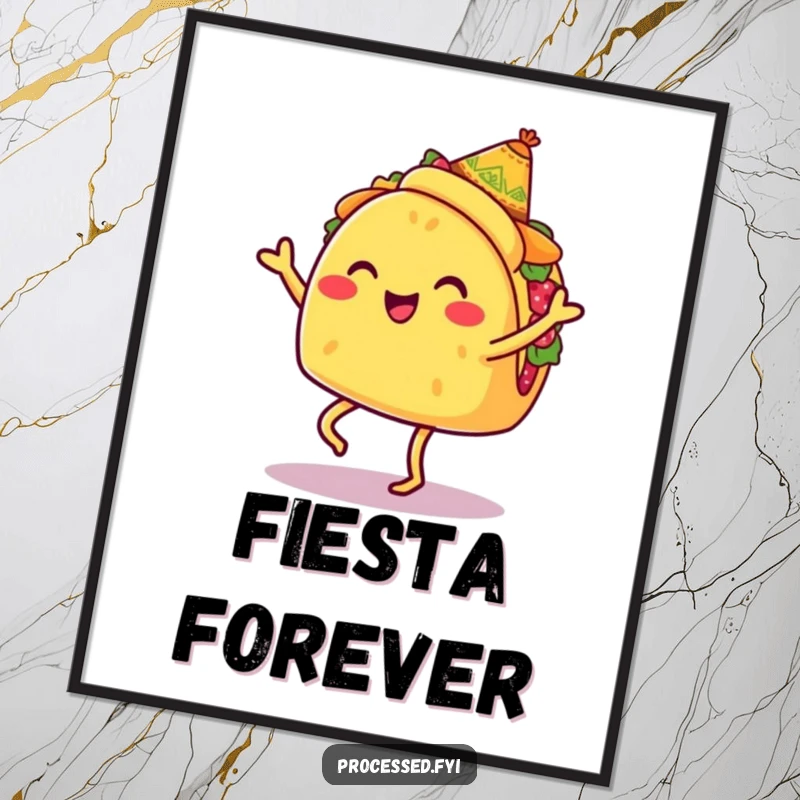 Funny digital art print of a smiling taco with legs, wearing a tiny sombrero, doing a jig, instant downloadable decor