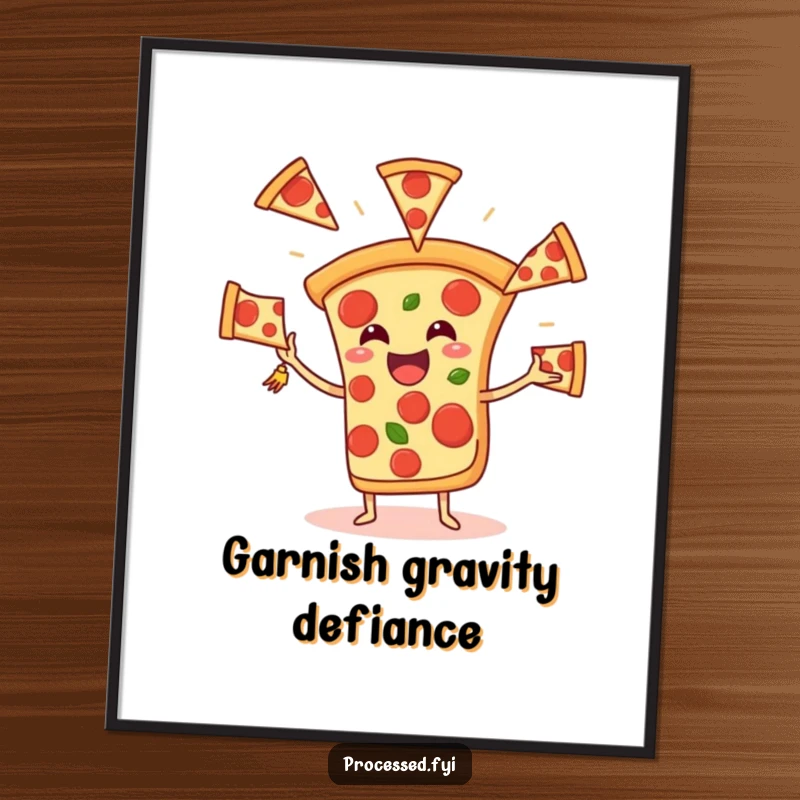 Funny Pizza Juggling Digital Art Print, featuring a joyful slice tossing pepperoni mid-air, perfect for vibrant and humorous home decor.