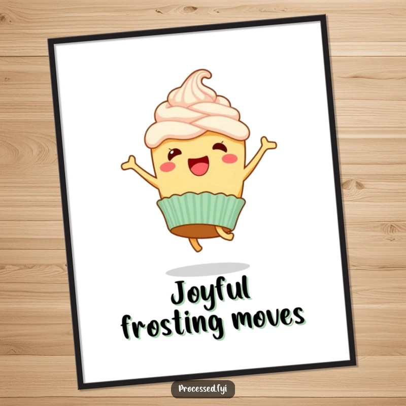 Funny digital art print of a happy cupcake with frosting, captured mid-cartwheel with pure, infectious, sweet delight.