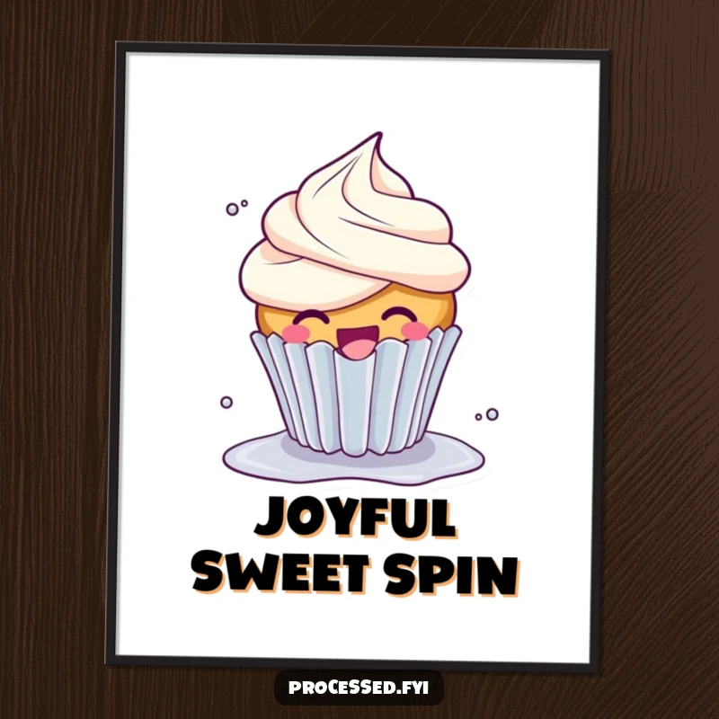 Funny Giggle Cupcake Digital Art Print: A happy, giggling cupcake with abundant frosting, captured mid-spin with pure delight.