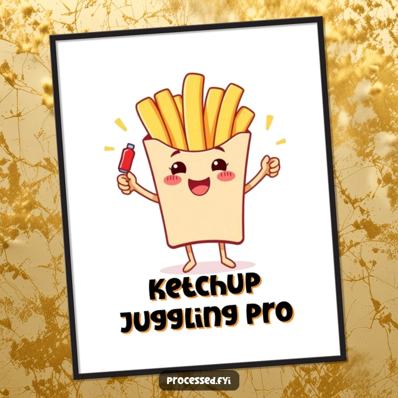 Funny digital art print of a cheerful french fry juggling ketchup bottles, ready to spread snack-themed humor.