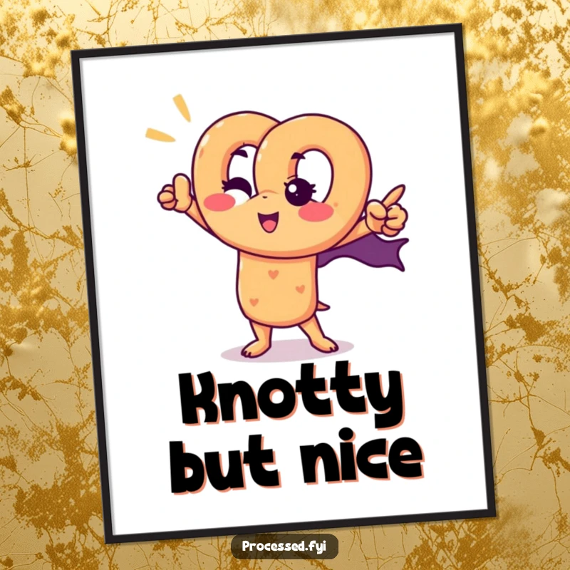 Funny pretzel superhero digital art print featuring a winking pretzel character in an epic pose, capturing heroic humor.