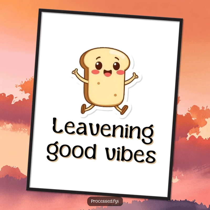 Funny digital art of a happy anthropomorphic bread roll with legs skipping joyfully, ideal for instant, cheerful wall decor.