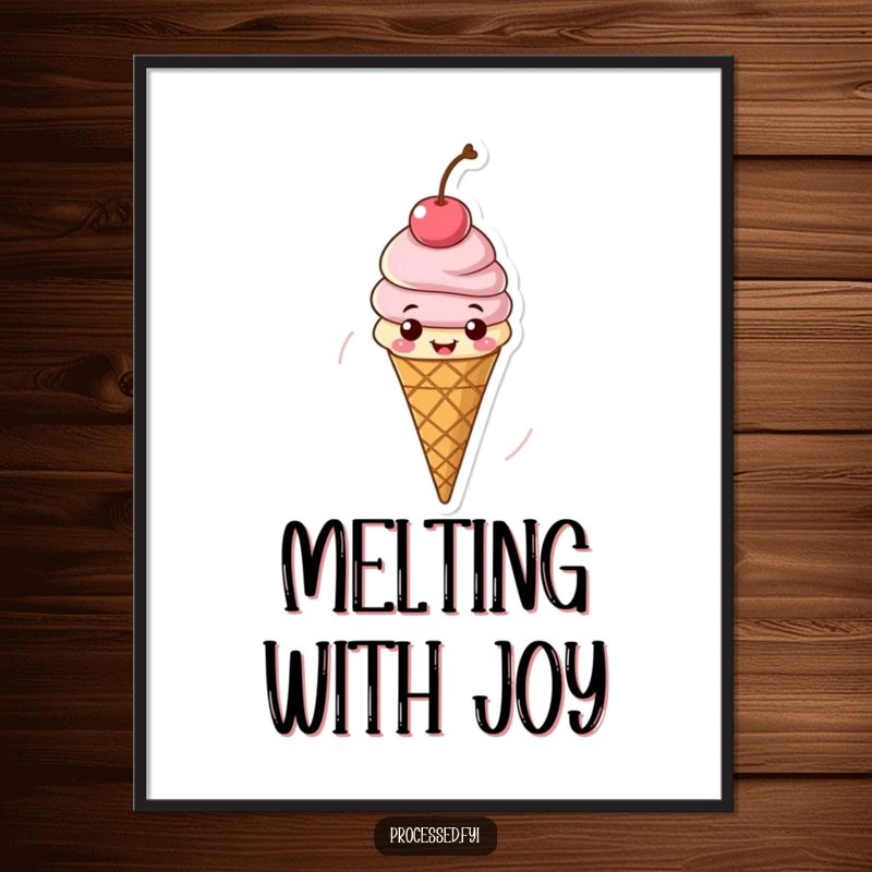 Funny digital art print of a cheerful ice cream cone with a cherry spinning around, conveying cool energy and summer happiness.