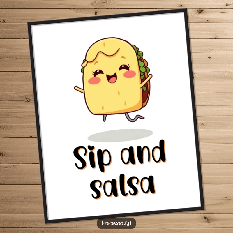 Funny digital art print of a smiling taco with legs dancing joyfully, radiating pure food-inspired happiness.