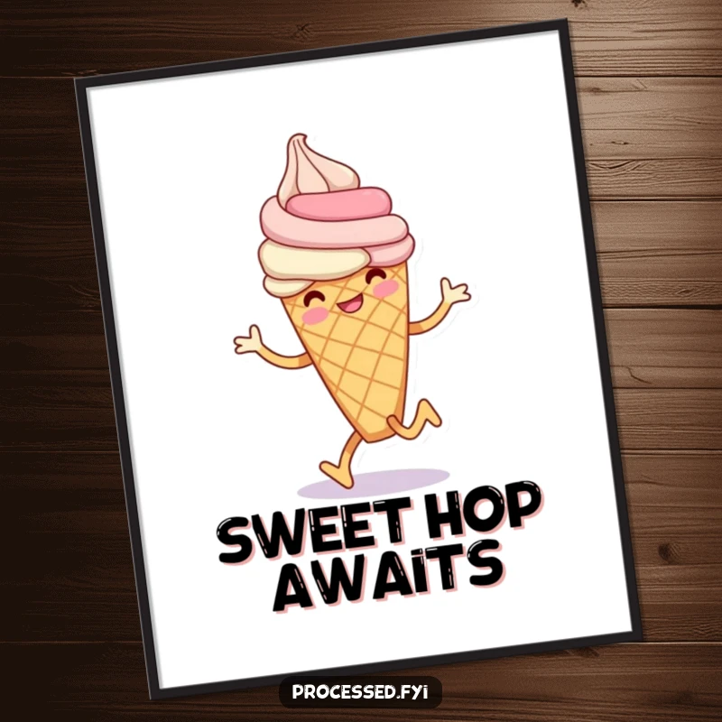 Funny ice cream cone digital art print featuring a smiling anthropomorphic ice cream cone doing a playful hop, celebrating joyful movement.
