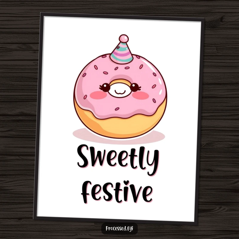 Funny Donut Digital Art Print of a blushing character with a party hat, perfect for adding instant sweet humor and personality.
