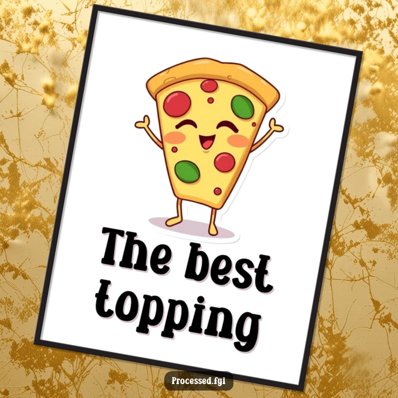 Funny winking pizza slice digital art print of a happy, anthropomorphic pizza slice on tiny feet, ready to add cheesy cartoon fun to any room.