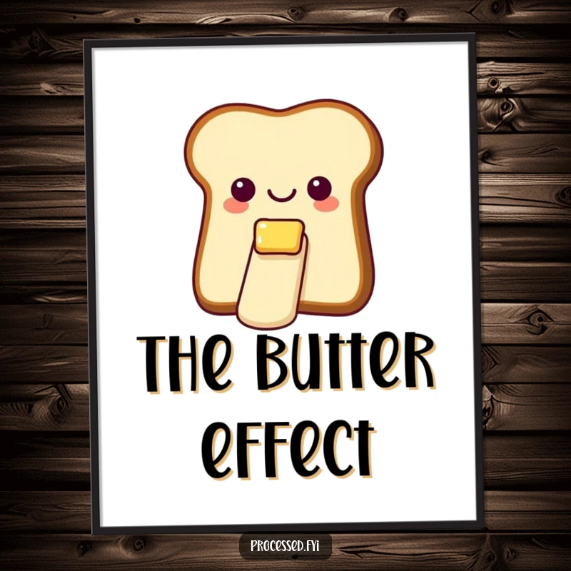 Funny digital art print of a cheerful bread slice with butter, captured mid-slide down a miniature, smooth butter slide.