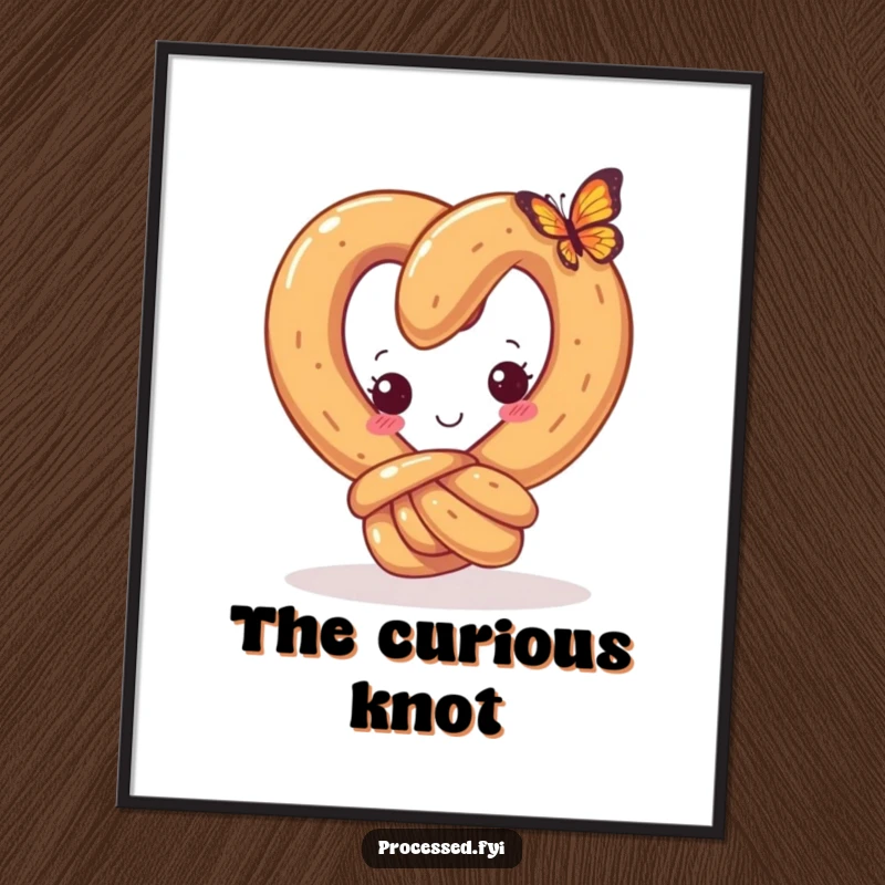 Funny digital art print of a curious pretzel with a happy knot, looking at a tiny butterfly, ready for instant printing and framing.
