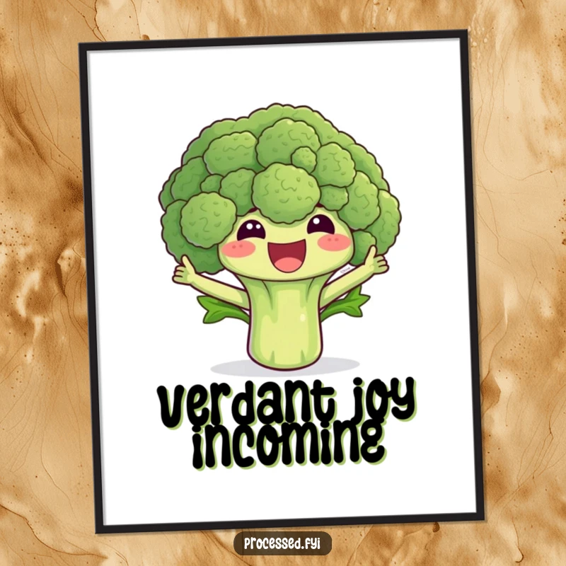 Funny broccoli digital art print of a happy floret waving its leaves, perfect for vibrant and humorous wall decor.