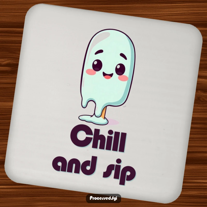 Funny drink coaster with a melting popsicle character expressing happiness and surprise, offering humorous surface protection.