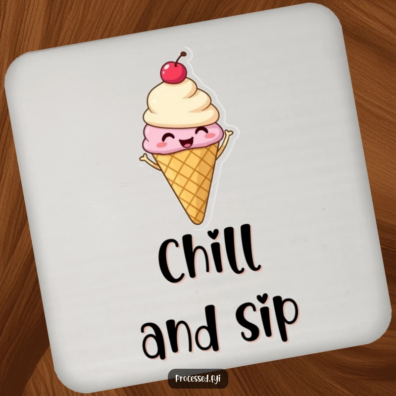 Funny drink coaster featuring a smiling ice cream cone with a cherry, happily shimmying with pure, frozen, delightful joy.