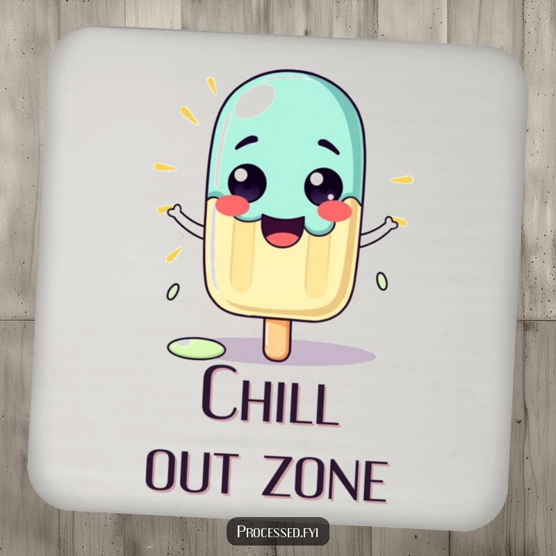 Funny drink coaster featuring a proud cartoon popsicle character melting slightly in the sun, protecting surfaces.