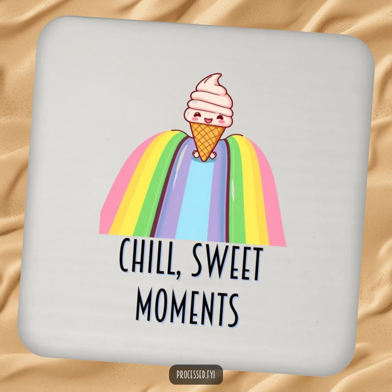 Funny coaster featuring a joyful ice cream cone sliding down a rainbow, adding sweet and humorous charm to tabletops.