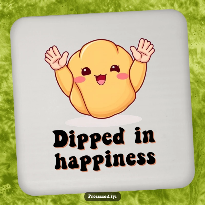 Funny coaster depicting a happy, waving croissant, bringing a touch of breakfast cheer to any surface.