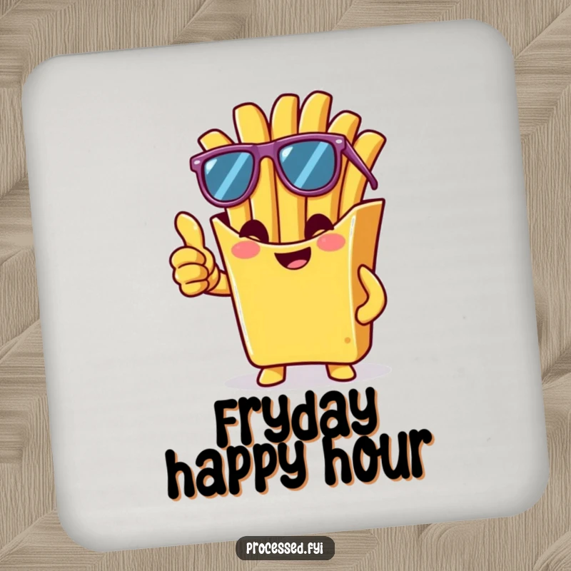Funny coaster featuring a cheeky french fry wearing sunglasses and giving a thumbs-up, adding cool and humorous charm to tabletops.