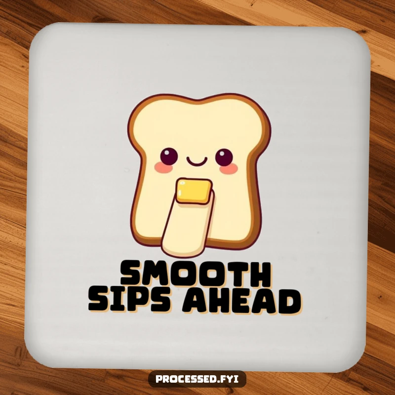 Funny drink coaster featuring a cheerful bread slice with butter, gleefully sliding down a tiny, smooth butter slide.