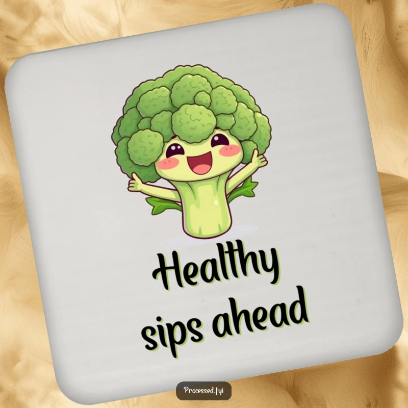 Funny broccoli coaster showing a happy floret waving its leaves, a humorous way to protect tables from drinks.