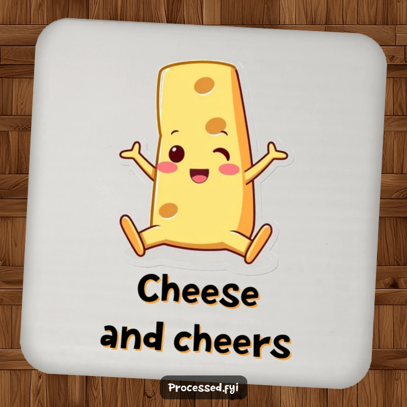 Funny cheese wedge character, doing a split with a surprised grin. A set of charming coasters for your beverages.