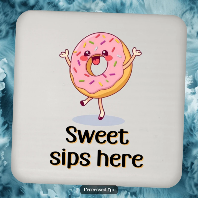 Funny drink coaster featuring a happy donut with sprinkles doing a pirouette, protects surfaces