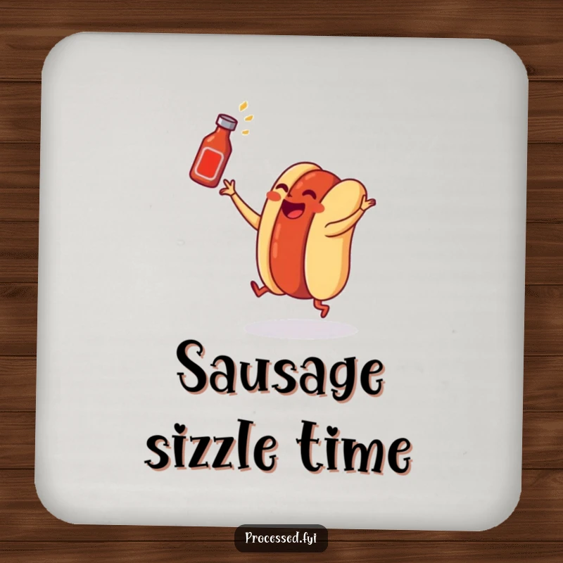 Funny hot dog coaster showing a dancing wiener in a bun tossing a ketchup bottle, a humorous way to prevent drink rings.