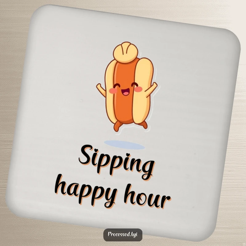 Funny drink coaster set featuring a smiling hot dog leaping with tiny legs, a bun hat, adding humor.