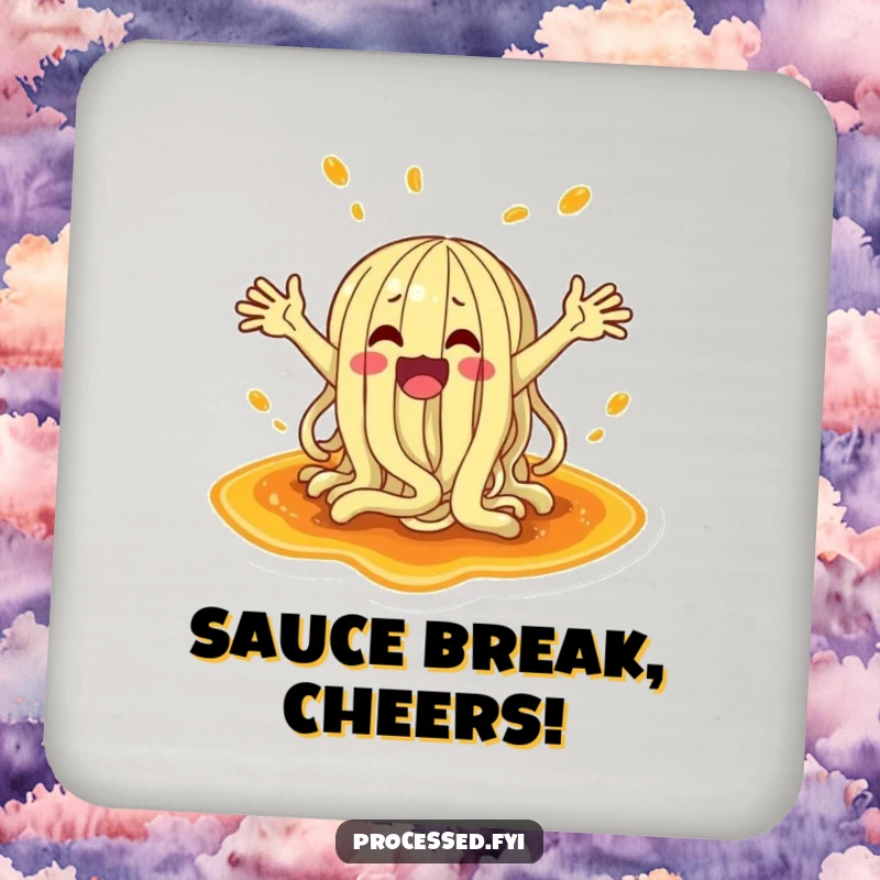 Funny drink coaster featuring a noodle character happily splashing in a puddle of sauce, protecting your surfaces with humor.