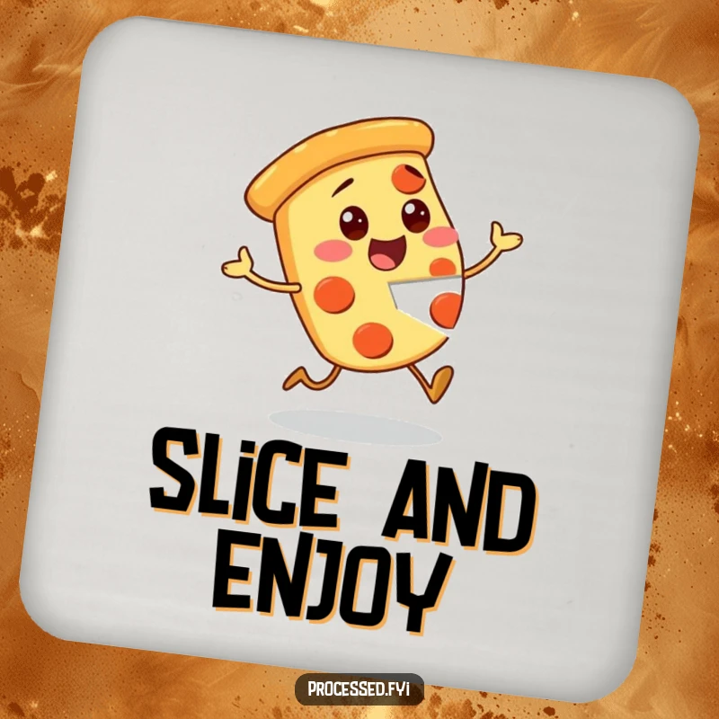 Funny Pizza Drink Coasters featuring an excited character with a missing piece, offering surface protection with a humorous pizza theme.