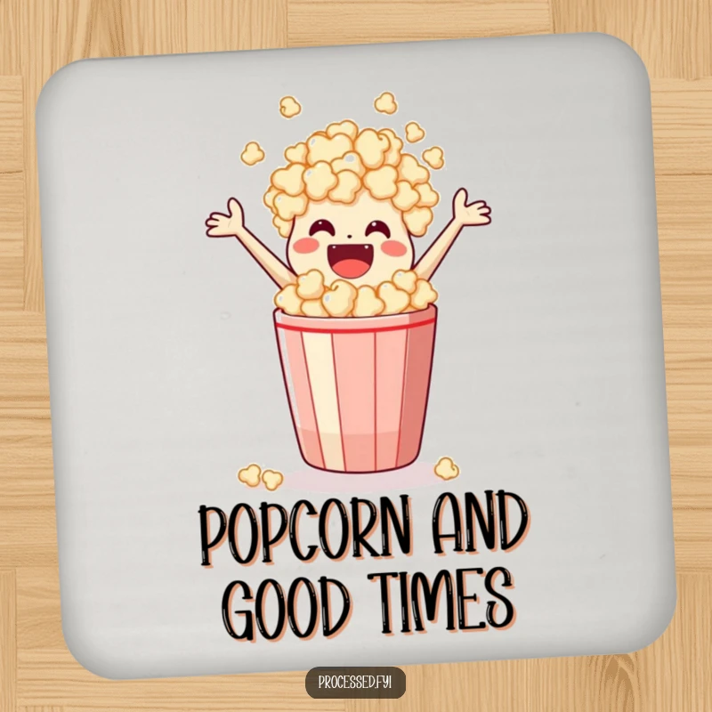 Funny Coaster featuring a happy popcorn bag leaping from its container, adding humorous movie-themed protection to drinks.