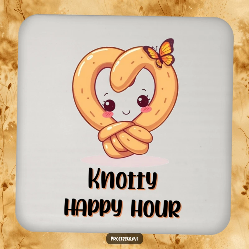 Funny coaster featuring a curious pretzel with a happy knot, looking at a tiny butterfly, adding whimsical and humorous charm to tabletops.