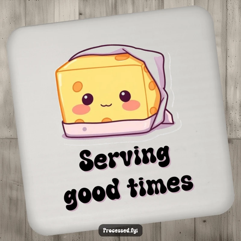 Funny Shy Cheese Coasters: A blushing block of cheese with a shy smile, peeking from its wrapper.
