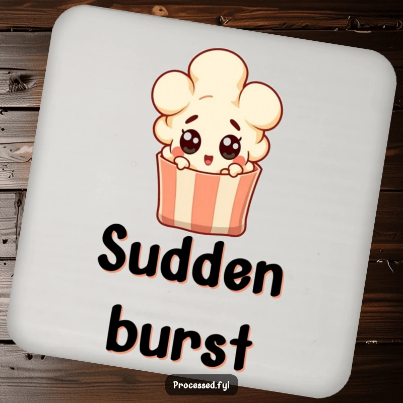 Funny popcorn kernel character popping out of a bag with wide surprised eyes, protecting surfaces with this humorous coaster set.