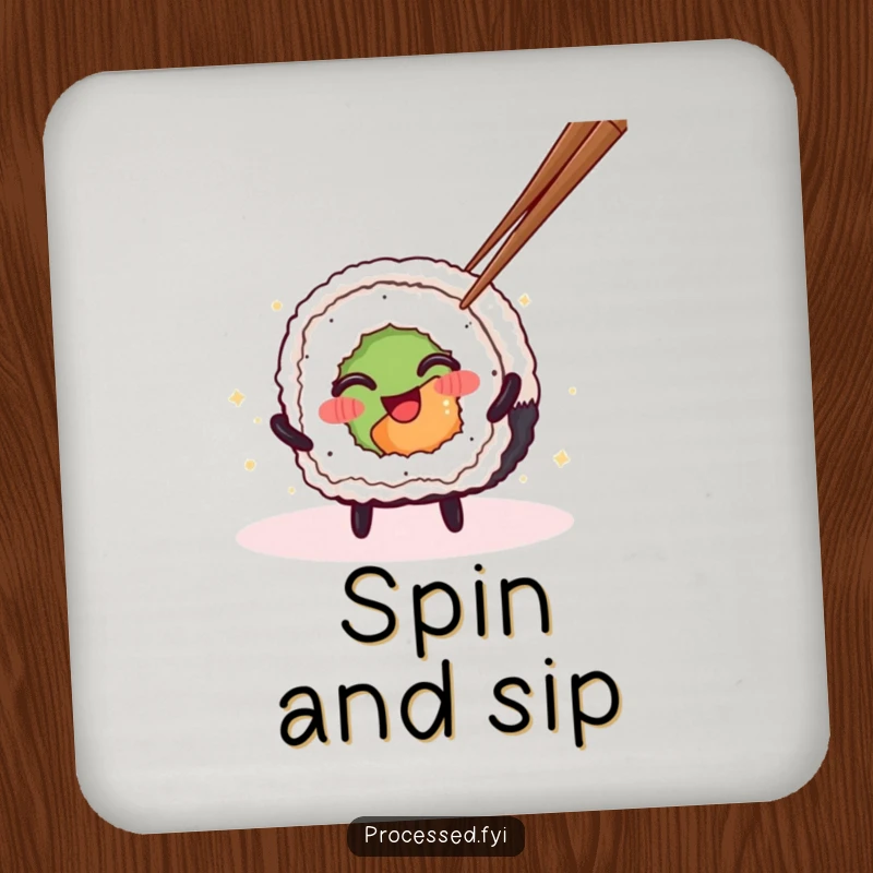 Funny Sushi Roll Drink Coasters featuring a spinning character, providing surface protection with a delightful and humorous sushi theme.