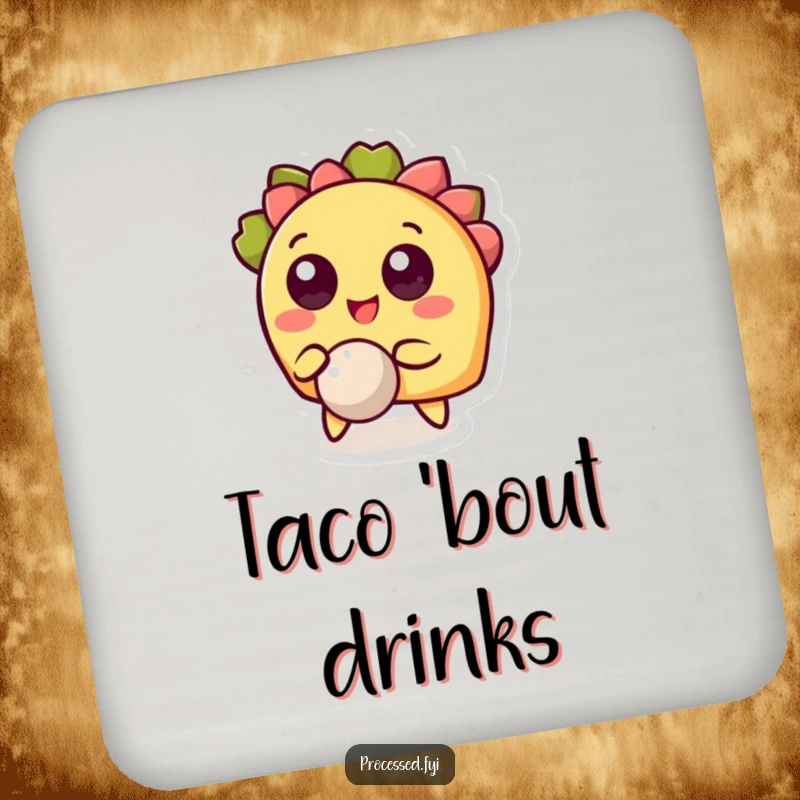 Funny drink coaster with a cheerful taco character bouncing a ball, offering humorous protection for tables and surfaces.