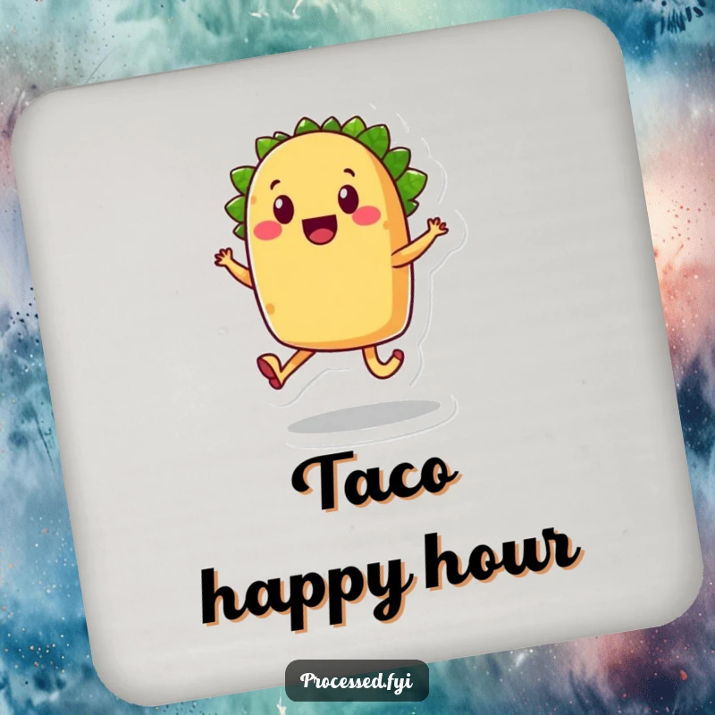 Funny taco drink coasters, a smiling anthropomorphic food character with legs, joyfully skipping.