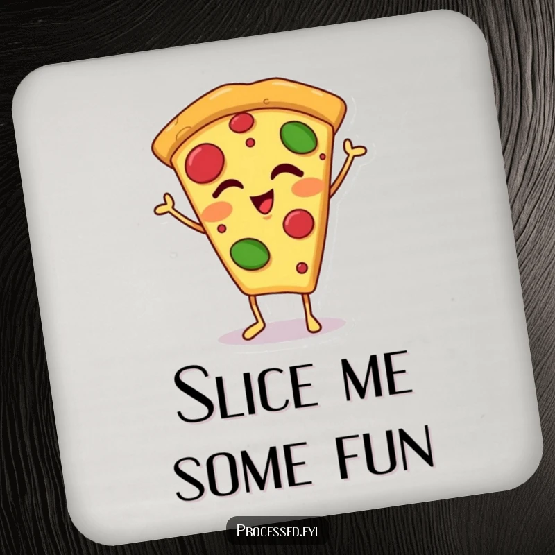 Funny pizza slice coaster with a happy, anthropomorphic pizza slice on tiny feet, offering cartoon protection with a charming, cheesy wink.