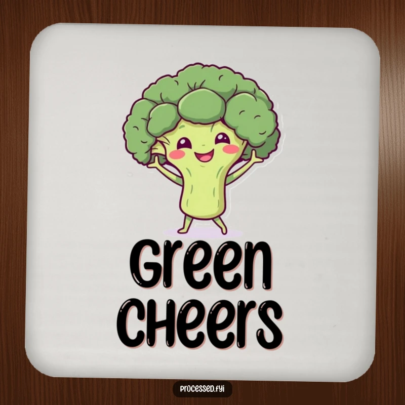 Funny drink coaster featuring a smiling broccoli character doing a little dance with tiny arms, protecting surfaces with a healthy and cheerful design.