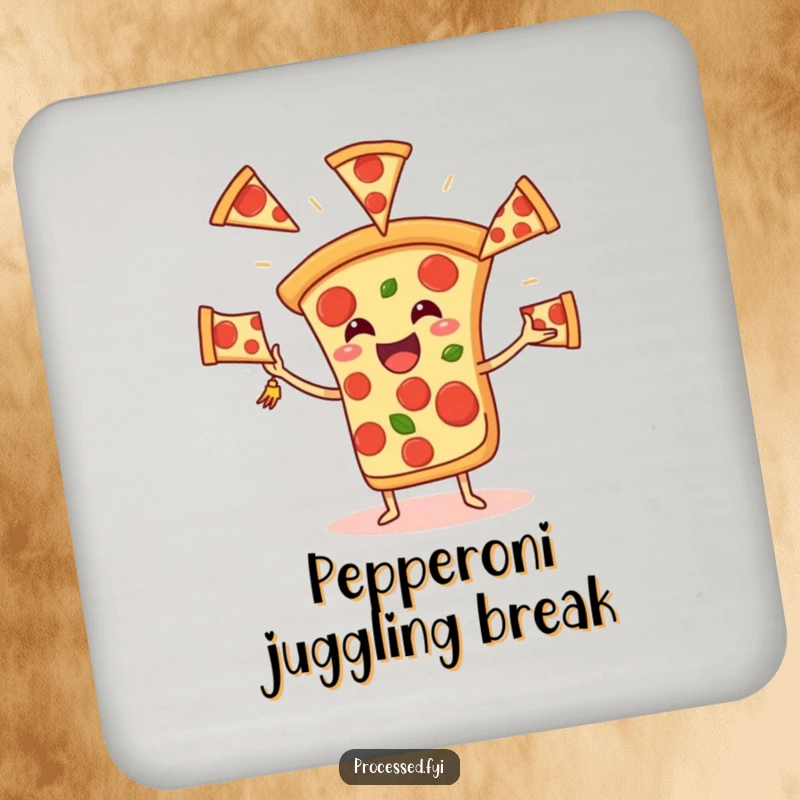 Funny Pizza Juggling Coaster, depicting a happy slice tossing pepperoni slices, a humorous addition to any table setting.