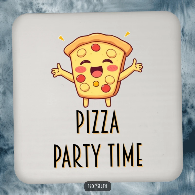 Funny drink coaster with a beaming slice of pizza with arms outstretched, giggling openly, offering surface protection with delicious humor.